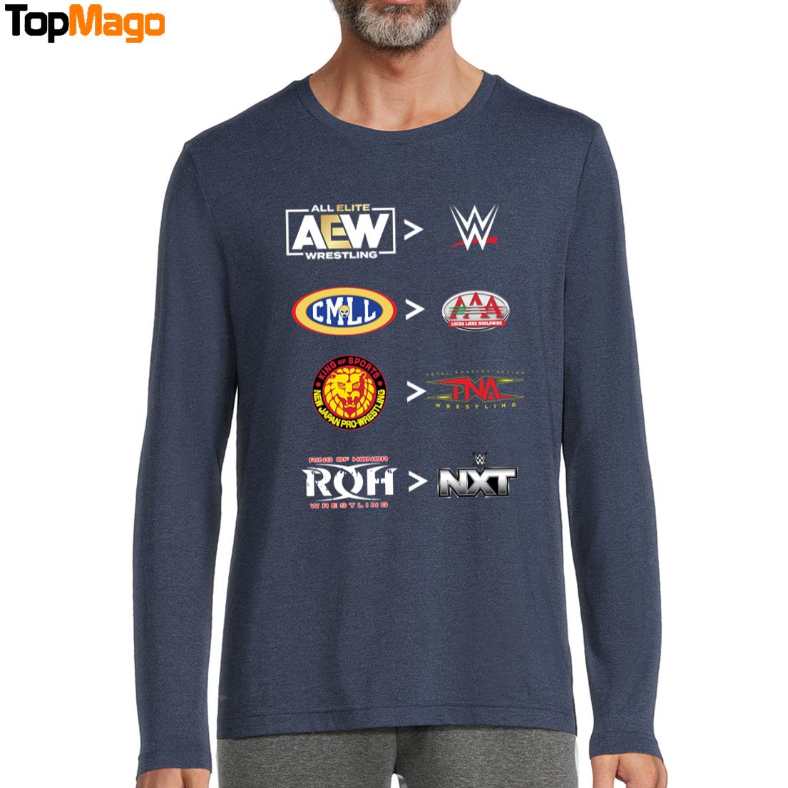 More comparative AEW and WWE CMLL and AAA NJPW and TNA ROH and NXT 2025 T-Shirt, Hoodie, Sweatshirt, Ladies Boyfriend Shirt