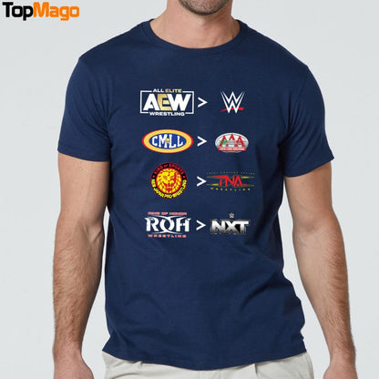 More comparative AEW and WWE CMLL and AAA NJPW and TNA ROH and NXT 2025 T-Shirt, Hoodie, Sweatshirt, Ladies Boyfriend Shirt