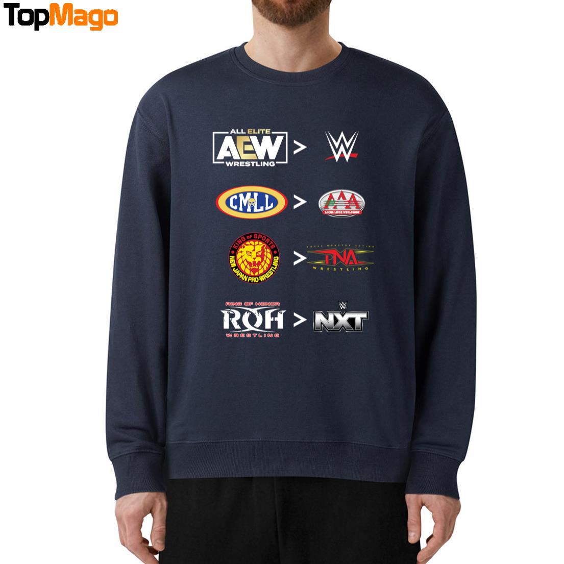 More comparative AEW and WWE CMLL and AAA NJPW and TNA ROH and NXT 2025 T-Shirt, Hoodie, Sweatshirt, Ladies Boyfriend Shirt