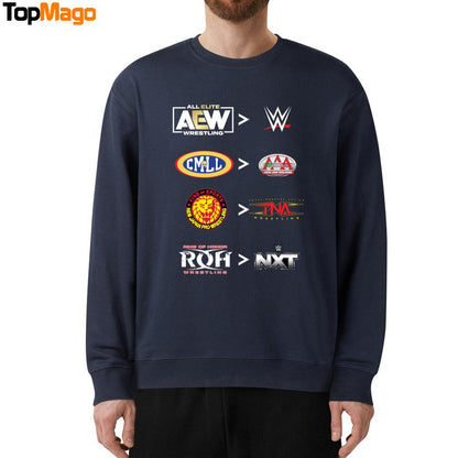 More comparative AEW and WWE CMLL and AAA NJPW and TNA ROH and NXT 2025 T-Shirt, Hoodie, Sweatshirt, Ladies Boyfriend Shirt