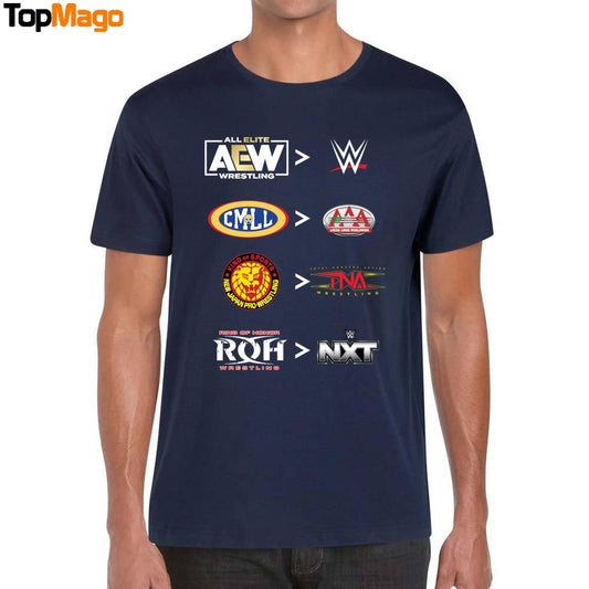 More comparative AEW and WWE CMLL and AAA NJPW and TNA ROH and NXT 2025 T-Shirt, Hoodie, Sweatshirt, Ladies Boyfriend Shirt